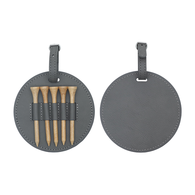 Etichetă rotundă pentru sac de golf din piele din piele cu 5 teuri din lemn Etichetă rotundă pentru sac de golf din piele din piele cu 5 teuri din lemn