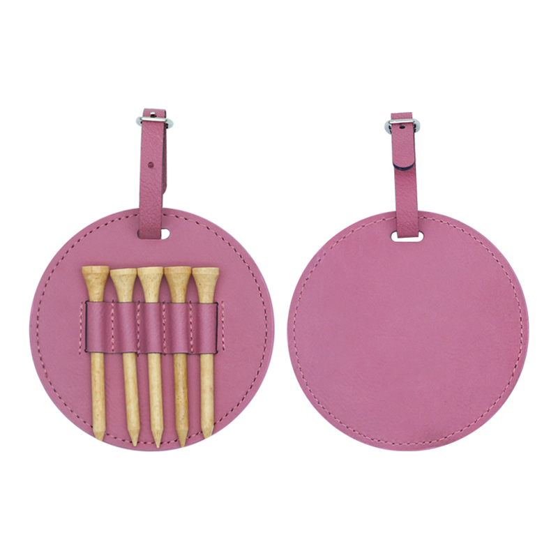 Etichetă rotundă pentru sac de golf din piele din piele cu 5 teuri din lemn Etichetă rotundă pentru sac de golf din piele din piele cu 5 teuri din lemn