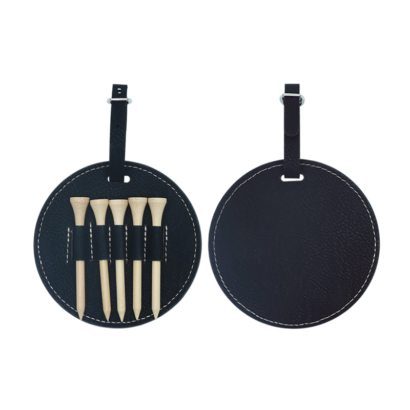 Etichetă rotundă pentru sac de golf din piele din piele cu 5 teuri din lemn Etichetă rotundă pentru sac de golf din piele din piele cu 5 teuri din lemn