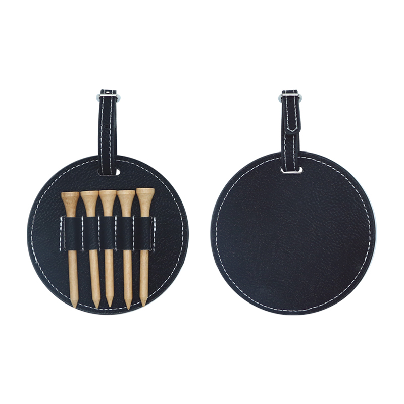 Etichetă rotundă pentru sac de golf din piele din piele cu 5 teuri din lemn Etichetă rotundă pentru sac de golf din piele din piele cu 5 teuri din lemn