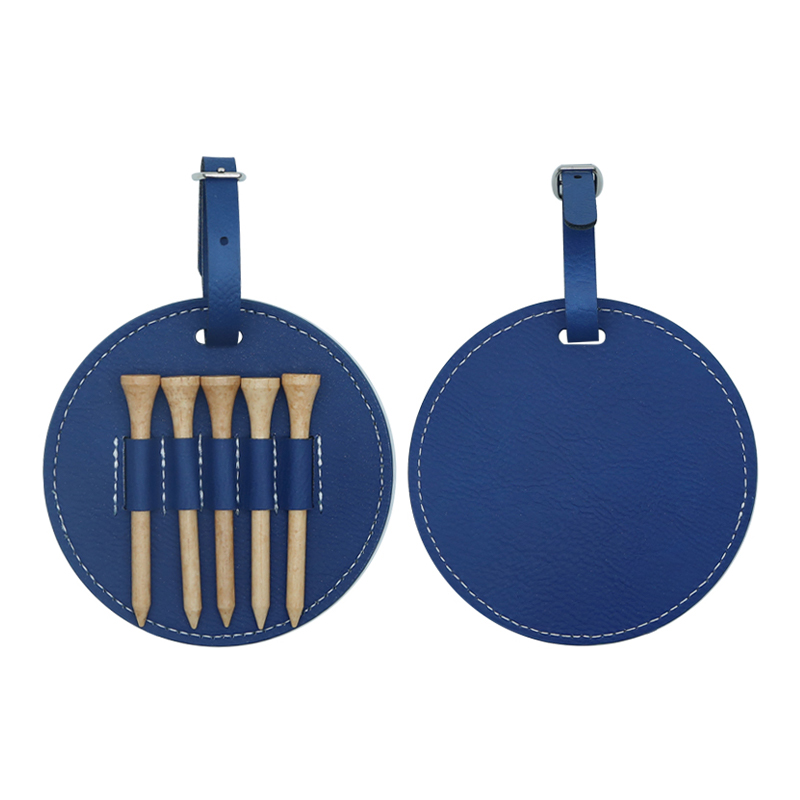 Etichetă rotundă pentru sac de golf din piele din piele cu 5 teuri din lemn Etichetă rotundă pentru sac de golf din piele din piele cu 5 teuri din lemn