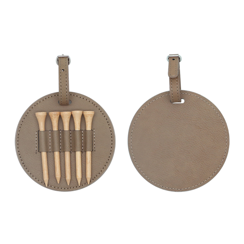 Etichetă rotundă pentru sac de golf din piele din piele cu 5 teuri din lemn Etichetă rotundă pentru sac de golf din piele din piele cu 5 teuri din lemn
