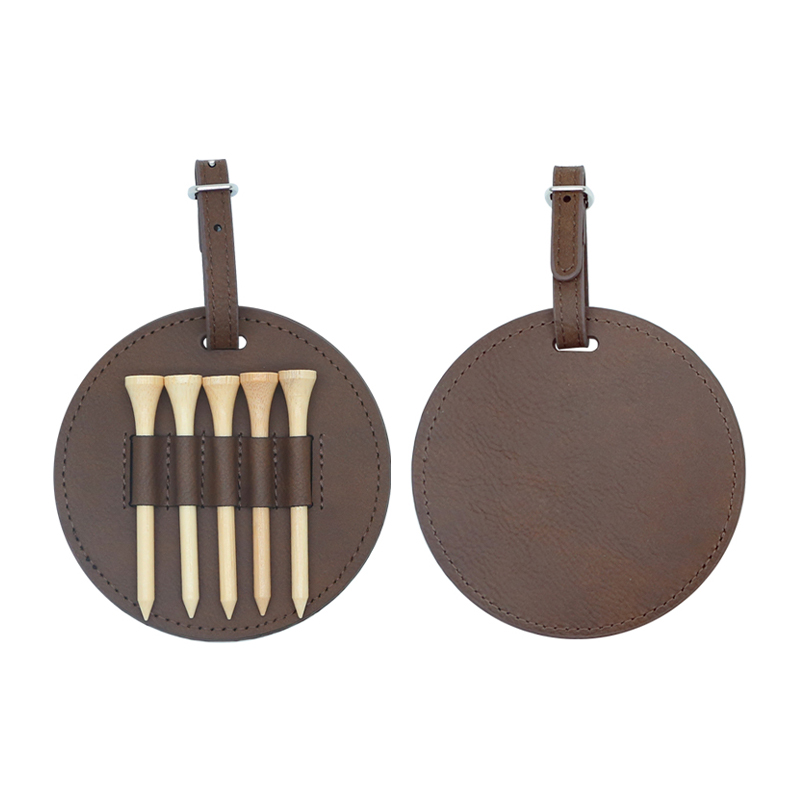Etichetă rotundă pentru sac de golf din piele din piele cu 5 teuri din lemn Etichetă rotundă pentru sac de golf din piele din piele cu 5 teuri din lemn