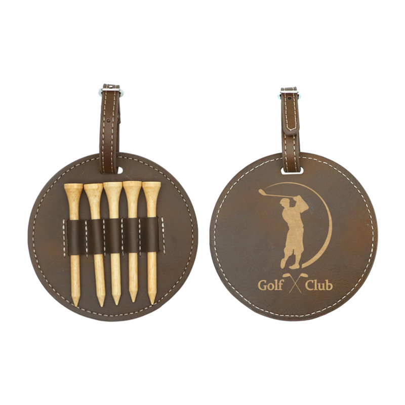 Etichetă rotundă pentru sac de golf din piele din piele cu 5 teuri din lemn Etichetă rotundă pentru sac de golf din piele din piele cu 5 teuri din lemn
