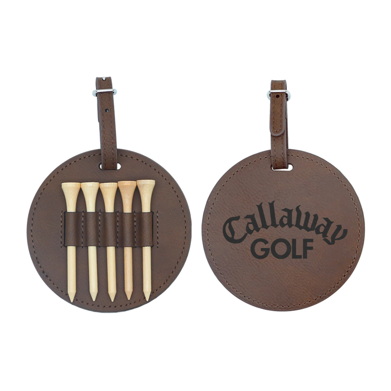 Etichetă rotundă pentru sac de golf din piele din piele cu 5 teuri din lemn Etichetă rotundă pentru sac de golf din piele din piele cu 5 teuri din lemn