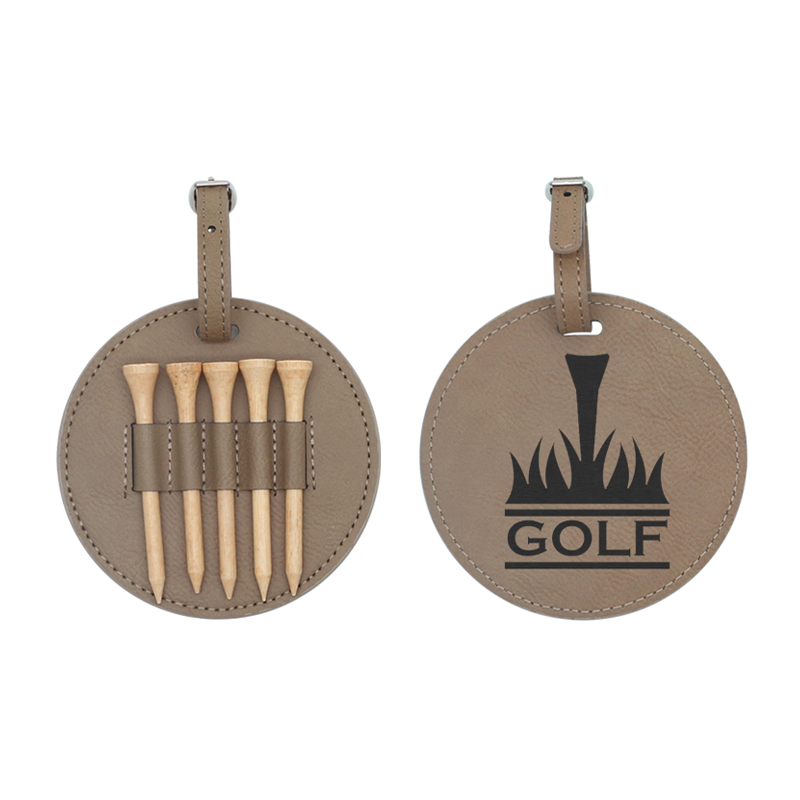 Etichetă rotundă pentru sac de golf din piele din piele cu 5 teuri din lemn Etichetă rotundă pentru sac de golf din piele din piele cu 5 teuri din lemn