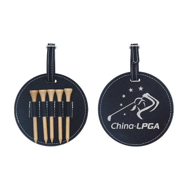 Etichetă rotundă pentru sac de golf din piele din piele cu 5 teuri din lemn Etichetă rotundă pentru sac de golf din piele din piele cu 5 teuri din lemn