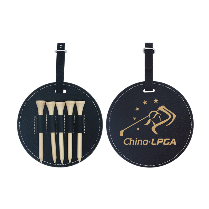 Etichetă rotundă pentru sac de golf din piele din piele cu 5 teuri din lemn Etichetă rotundă pentru sac de golf din piele din piele cu 5 teuri din lemn