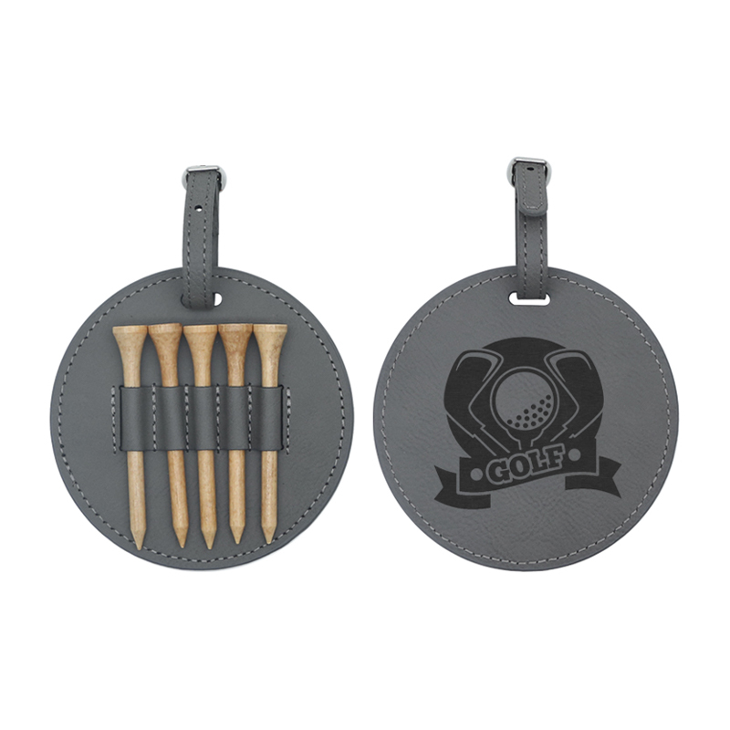 Etichetă rotundă pentru sac de golf din piele din piele cu 5 teuri din lemn Etichetă rotundă pentru sac de golf din piele din piele cu 5 teuri din lemn