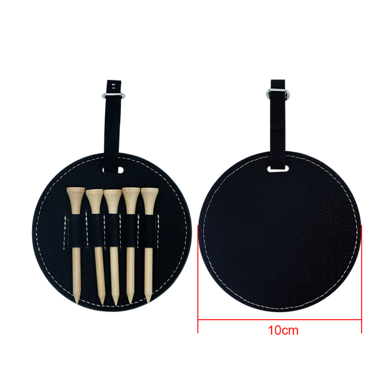 Etichetă rotundă pentru sac de golf din piele din piele cu 5 teuri din lemn Etichetă rotundă pentru sac de golf din piele din piele cu 5 teuri din lemn